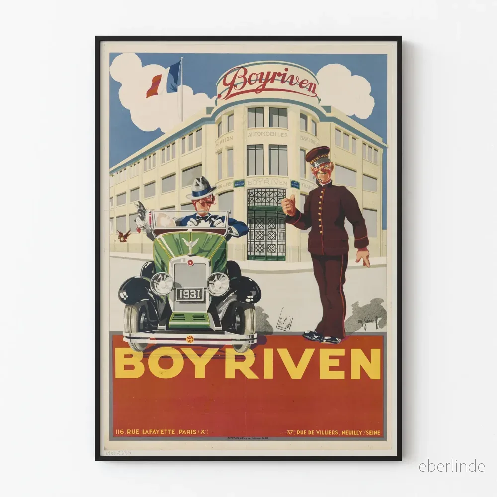 Vintage reklamposter Boyriven 1931 bil och byggnad Art déco