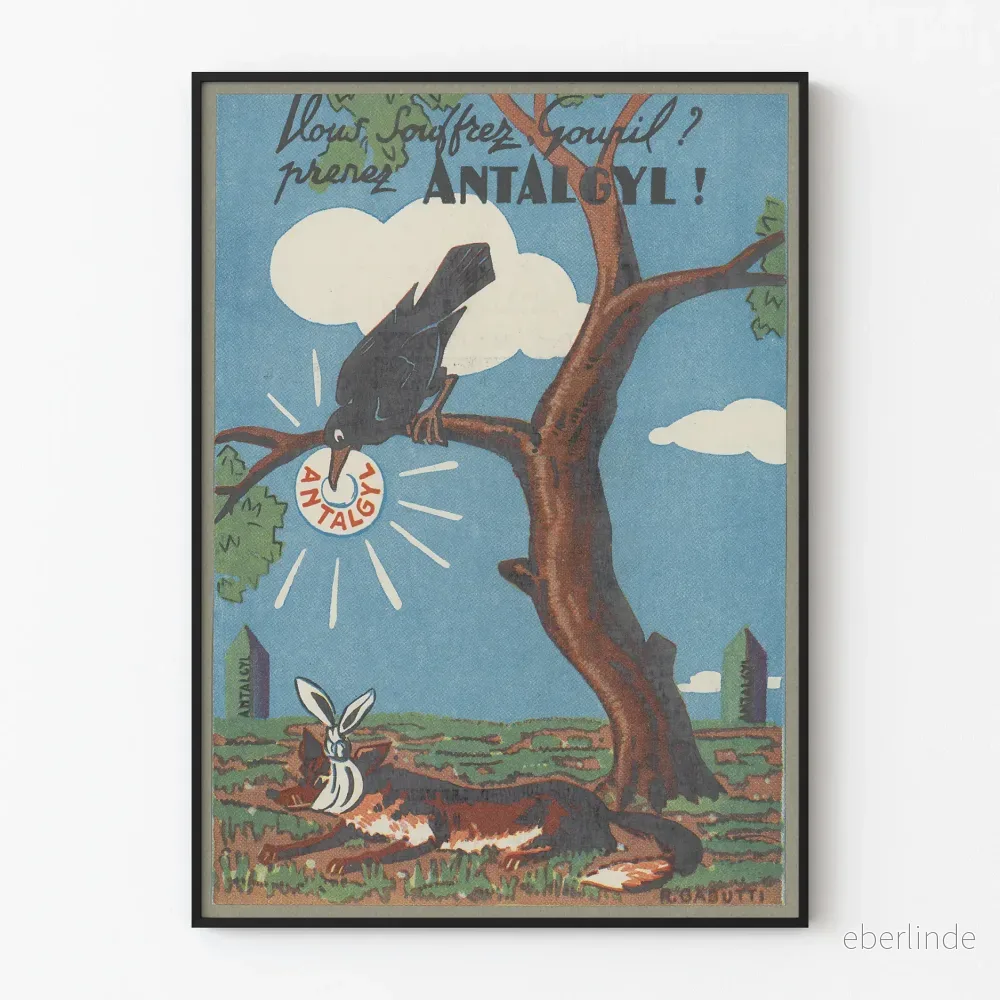 Vintage reklamposter för Antalgyl med räv och kråka