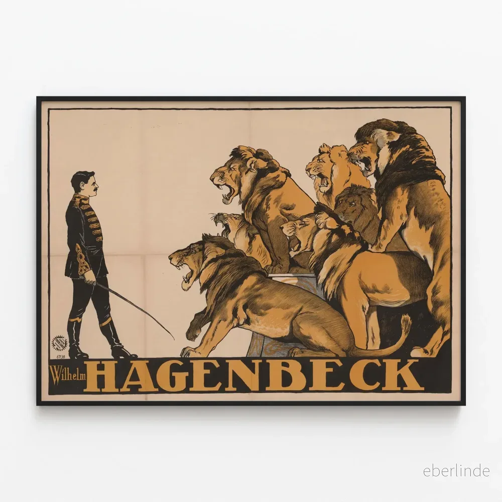 Vintageposter av Wilhelm Hagenbeck och de dånande lejonen Vintageposter av Wilhelm Hagenbeck och de dånande lejonen