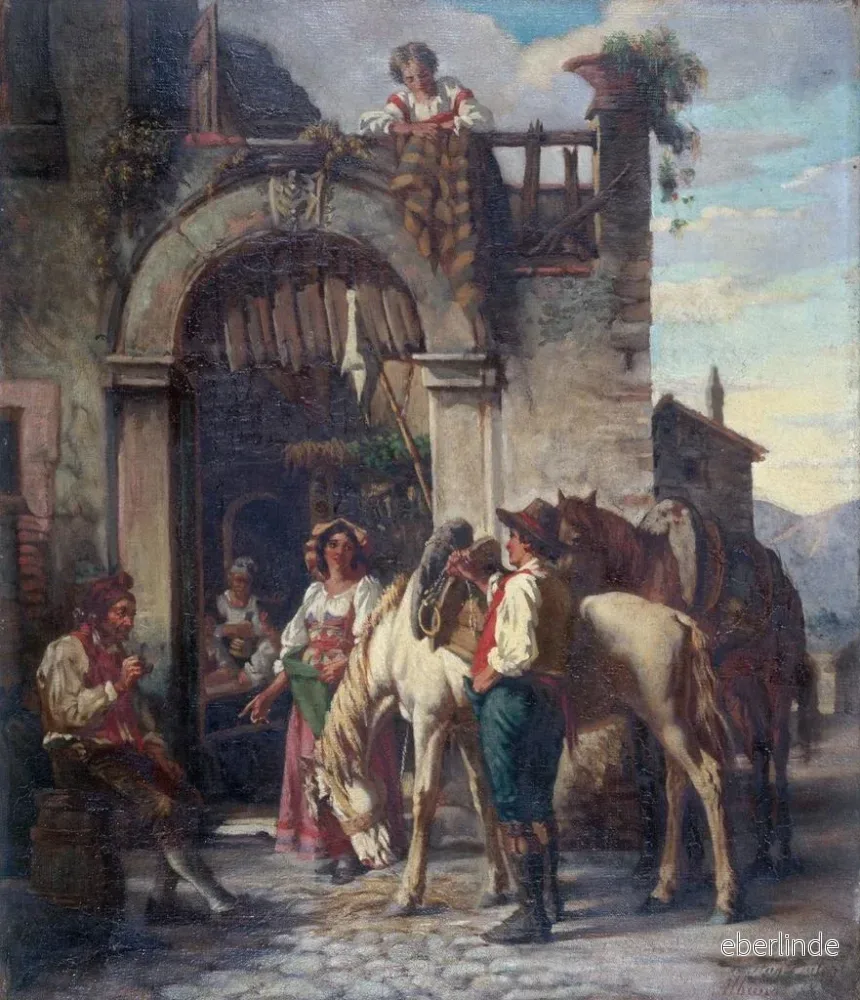 Målning La halte des chevaux à l'auberge - Auguste Dutuit | Konsttryck - Bild 2