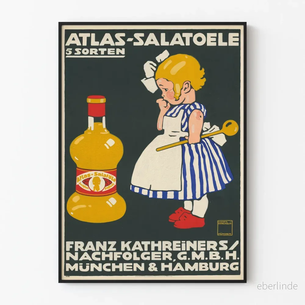 Vintageaffisch Atlas-Salatoele - barnslig design och stiliserad flaska