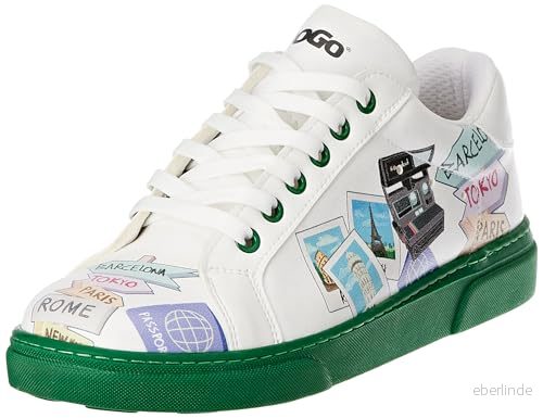 DOGO Kvinnors veganläder vita sneakers redo att resa motiv 41, Vitt och blått, 41 EU 8680544244881