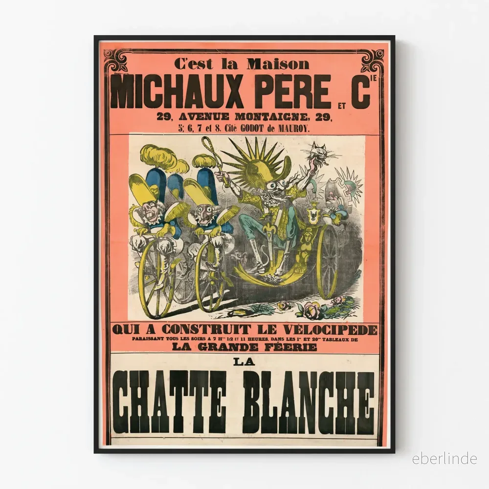 Vintageposter Michaux Père - La Chatte Blanche och velocipède