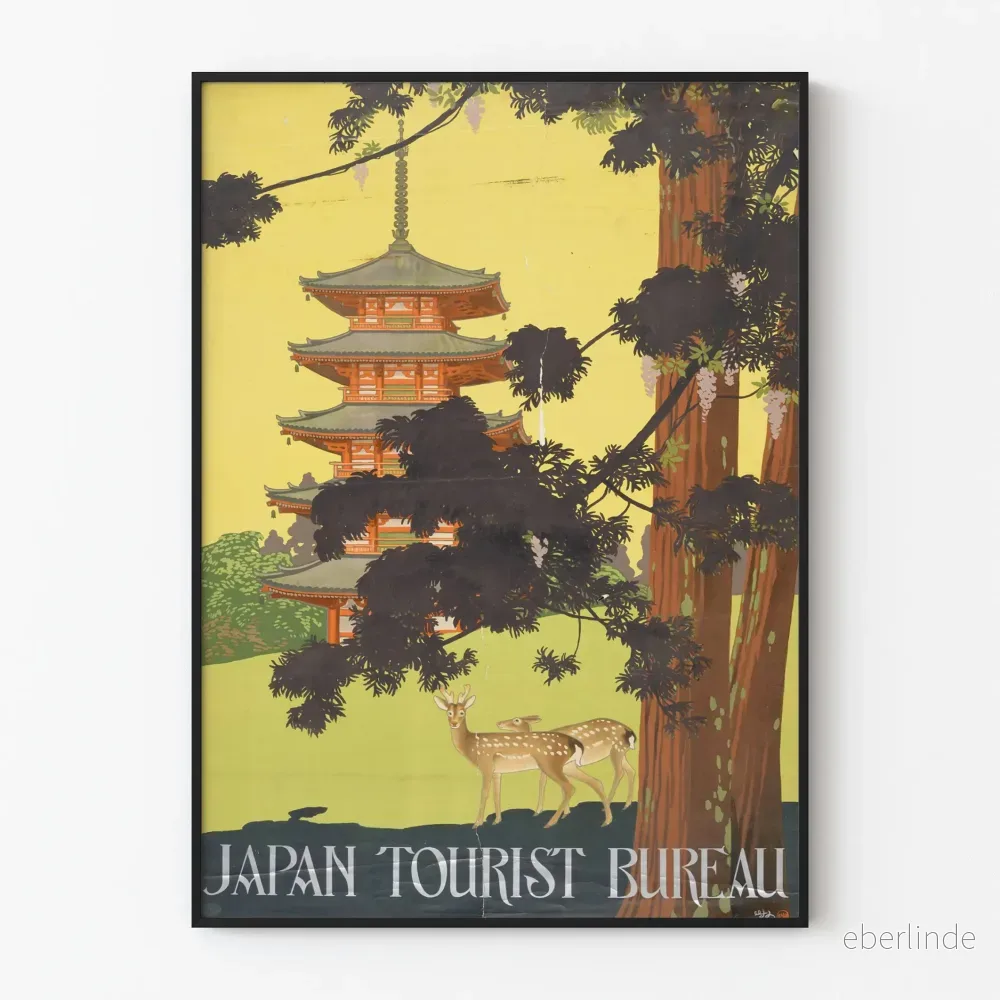Vintageposter av japanska pagoden och hjortarna - Väggdekoration Japan