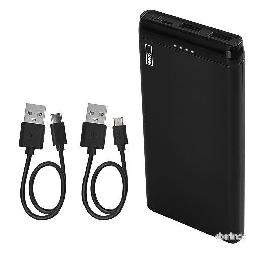 EMOS ALPHA 10S Powerbank 10 000 mAh externt batteri med genomströmning 2 USB A utgångar, 1 mikro ingång inkl. datakablar automatisk på/av för iPhone, iPad, smartphone, surfplatta 8592920084083