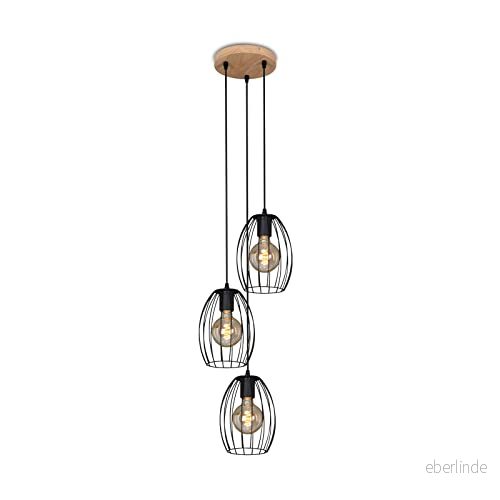 BRILONER Lamparmatur trä, retro hängande lampa, rund modell 3 lampor, E27 max. 60 watt, matrum 4040 035 svart 4002707403371