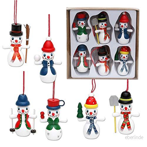 Dekohelden24 Trä snögubbe som hängare/trädhänge i set om 6, mått på varje hänge L/B/H: 4 x 2,5 6,5 cm. 4250905165496
