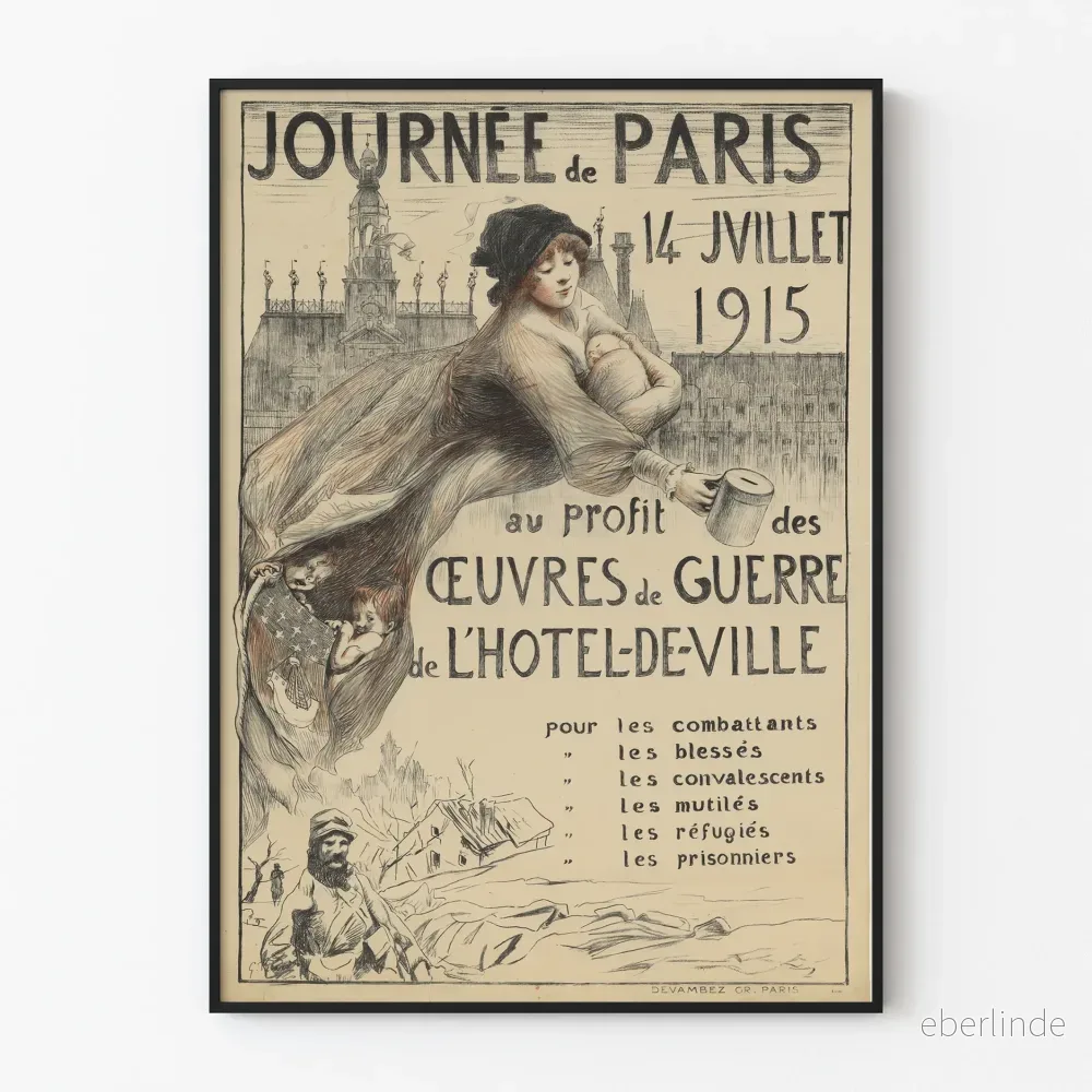 Gammal poster för Parisdagen den 14 juli 1915, krigsverkningar