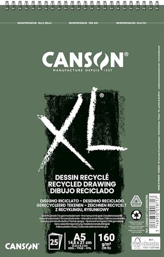Canson XL Recyclé block, lätt kornat, 160 g/m², 50 ark per block Spiral på kort sida, vit 148 x 219 mm 3148950018717