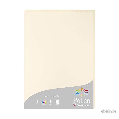 Clairefontaine Ref 14204C Pollen papper (paket med 50 ark) A4 (210 x 297 mm) i storlek, 160 gsm kort, syrafri, laser och bläckstråleskrivare kompatibel kräm 3329680142044
