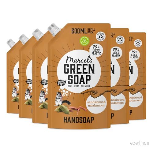 Marcel's Green Soap Handtvål påfyllningspaket sandelträ & kardemumma flytande tvåldispenser 100% miljövänlig vegansk 6 pack 500 ml 8720254337227
