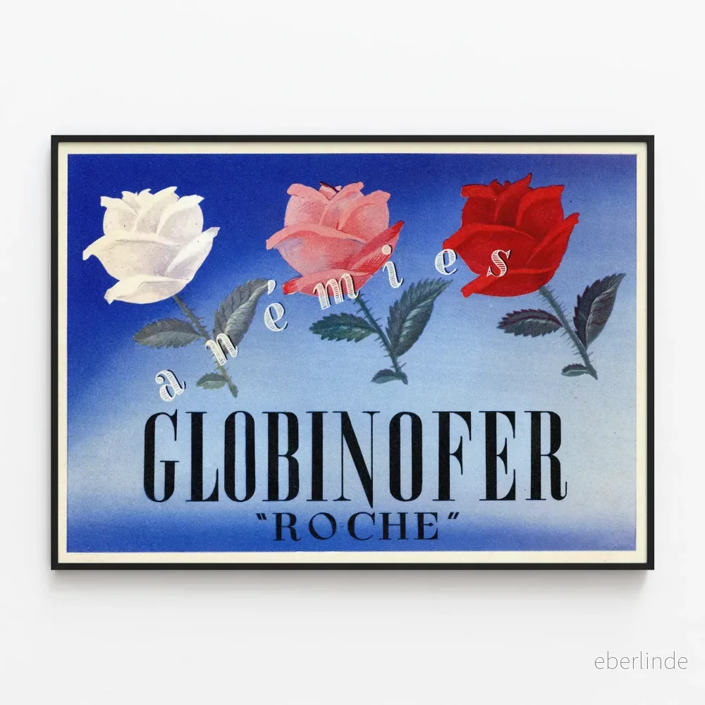 Vintageposter ’Annemies Globinofer Roche’ med 3 färgglada rosor Vintageposter ’Annemies Globinofer Roche’ med 3 färgglada rosor
