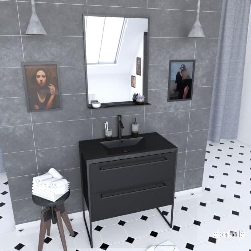 Aurlane badrumsmöbler 80 x 50 cm 2 lådor svart matt harts handfat sten effekt + spegel 3700710244882