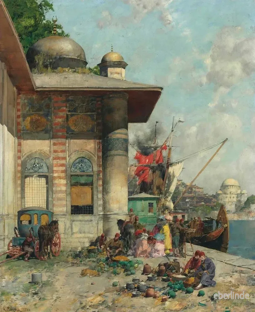 Målning Marknadsdag En vind av flodstränderna i den gamla stadens Constantinople - Alberto Pasini | Konsttryck - Bild 2