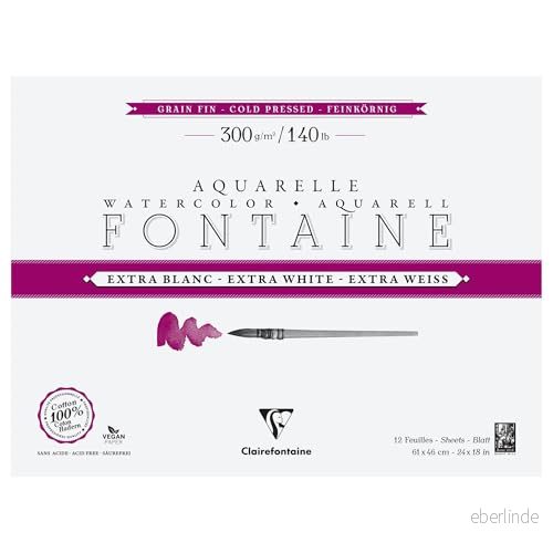 Clairefontaine 976044C 4 sidor extra vitt fontän limmat block 12 ark akvarellpapper 100% finkornig bomull professionell kvalitet 61 x 46 cm 300 g 3329689760447