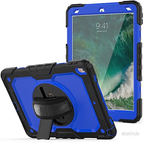 fodral för iPad pro 10.5 2017/iPad air 3 2019 med 360 graders roterbart vikbart stativ, trendigt stötsäkert handledsrem och axelrem, svart + blå 7657136165948