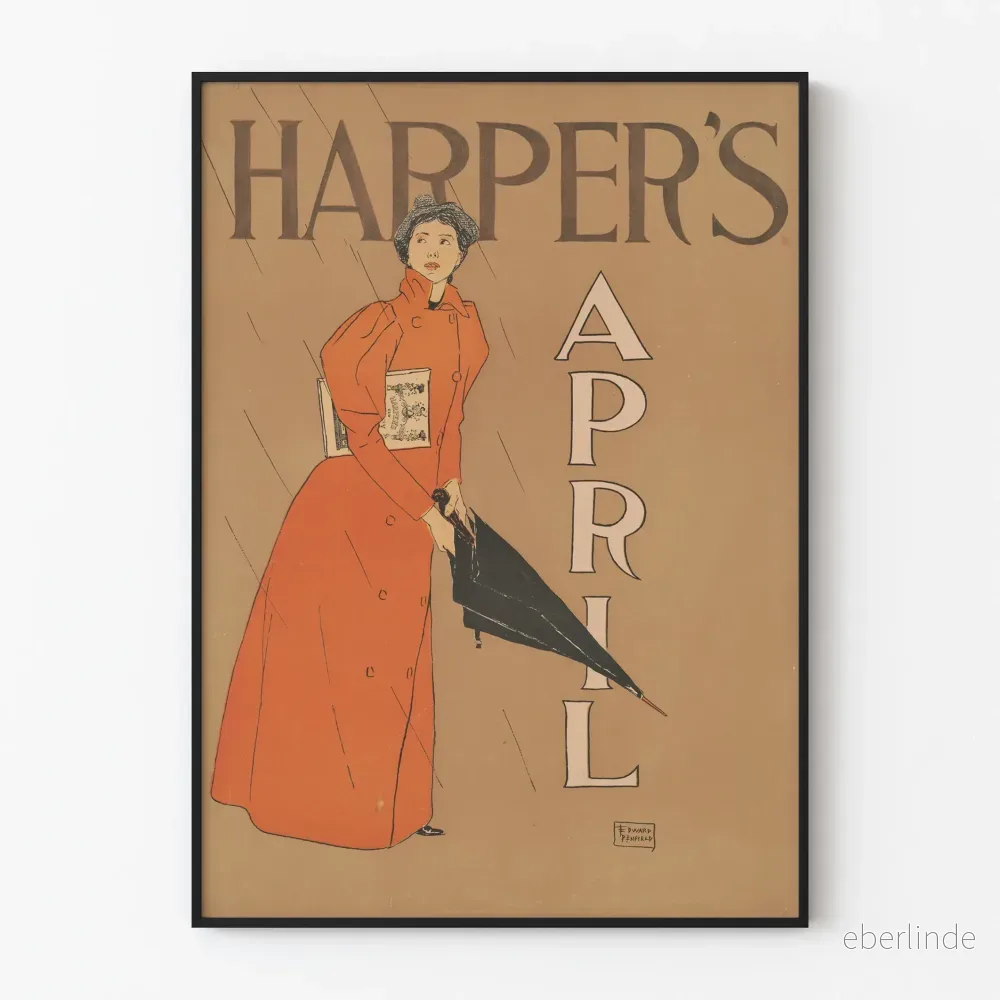 Harper's april vintage - Kvinnor med röd kappa och paraply Poster