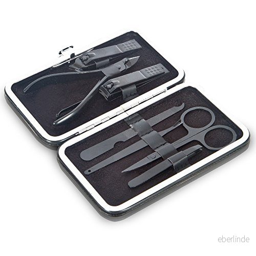 Black Coated Nagelvårdsset i rostfritt stål sju delar nagelfodral för högkvalitativ och exakt vård av fötter naglar (7 delar, svart) 8719326170114