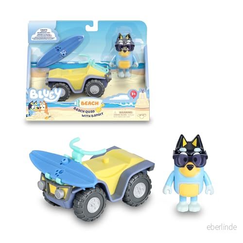 Bluey Beach Quad fordon med figur, Blue Dog Quad, Leksak Roliga Solglasögon, Surfbräda, Känd (BLY62100) 8056379165576