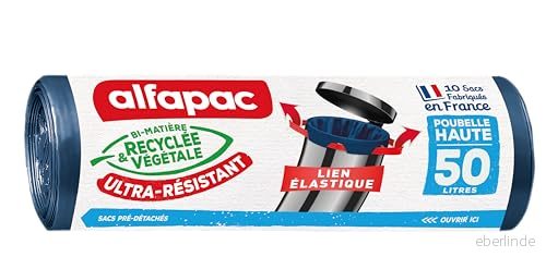 Alfapac 10 soppåsar 50L hög soptunna med ultrastark elastisk länk tillverkad i Frankrike återvunnet och vegetabiliskt bi material 3232767390507