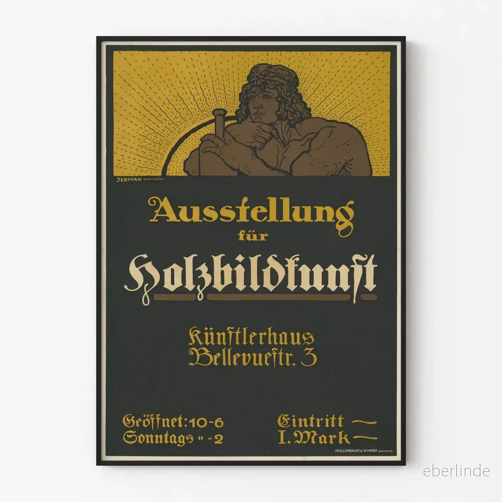 Vintageposter för konstutställning med träskulpturer
