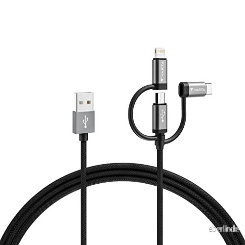 VARTA 3in1 Speed Charge & Sync Kabel (USB A auf Micro USB, USB Type C, Lightning), MFI, Strom und Datenübertragung, 2m, schwarz, Nylon 4008496066315