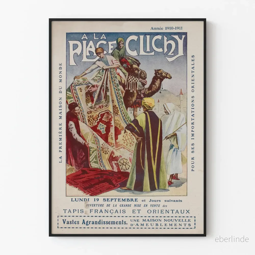 Vintage affisch gammal Place Clichy fransk och orientaliskt matta