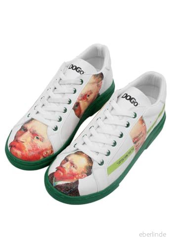 DOGO Kvinnors veganläder vita sneakers Vincent Van Gogh självporträtt motiv 38, Vitt och blått, 38 EU 8680544244911