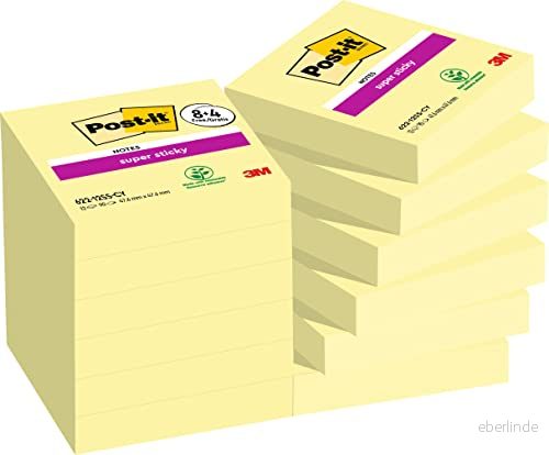 Post it Super Sticky Notes Kanariegul, paket med 8 + 4 gratis dynor, 90 ark per dyna, 47,6 mm x mm, gul färg extra klisterlappar för anteckningar, att göra listor och påminnelser 4064035065720