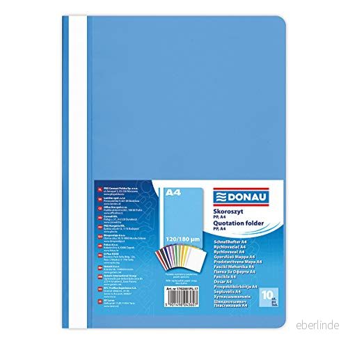 DONAU 1702001PL 01 plast snabbhäftapparat A4 svart/sikteplast av ekologisk PP folie 120/180 µm/med transparent lock/för kontor och skola/kapacitet ca 200 blad 10 pack Ljusblå 5901498043607