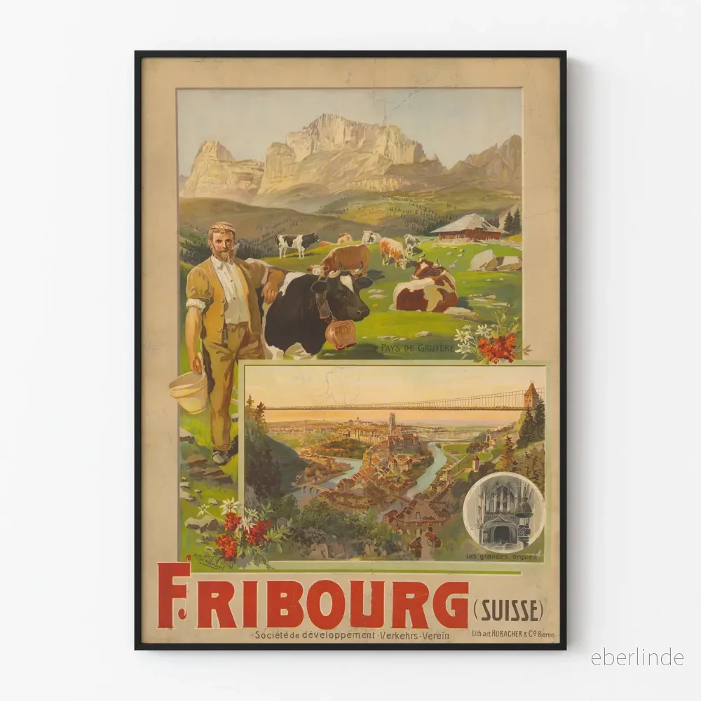 Vintageposter Fribourg Schweiz Väggdekoration Landskap och Kultur