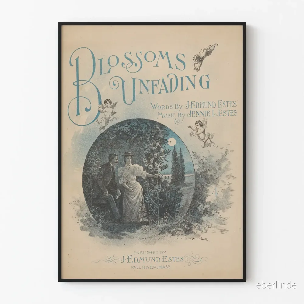Vintageposter Blossoms Unfading med romantisk illustration