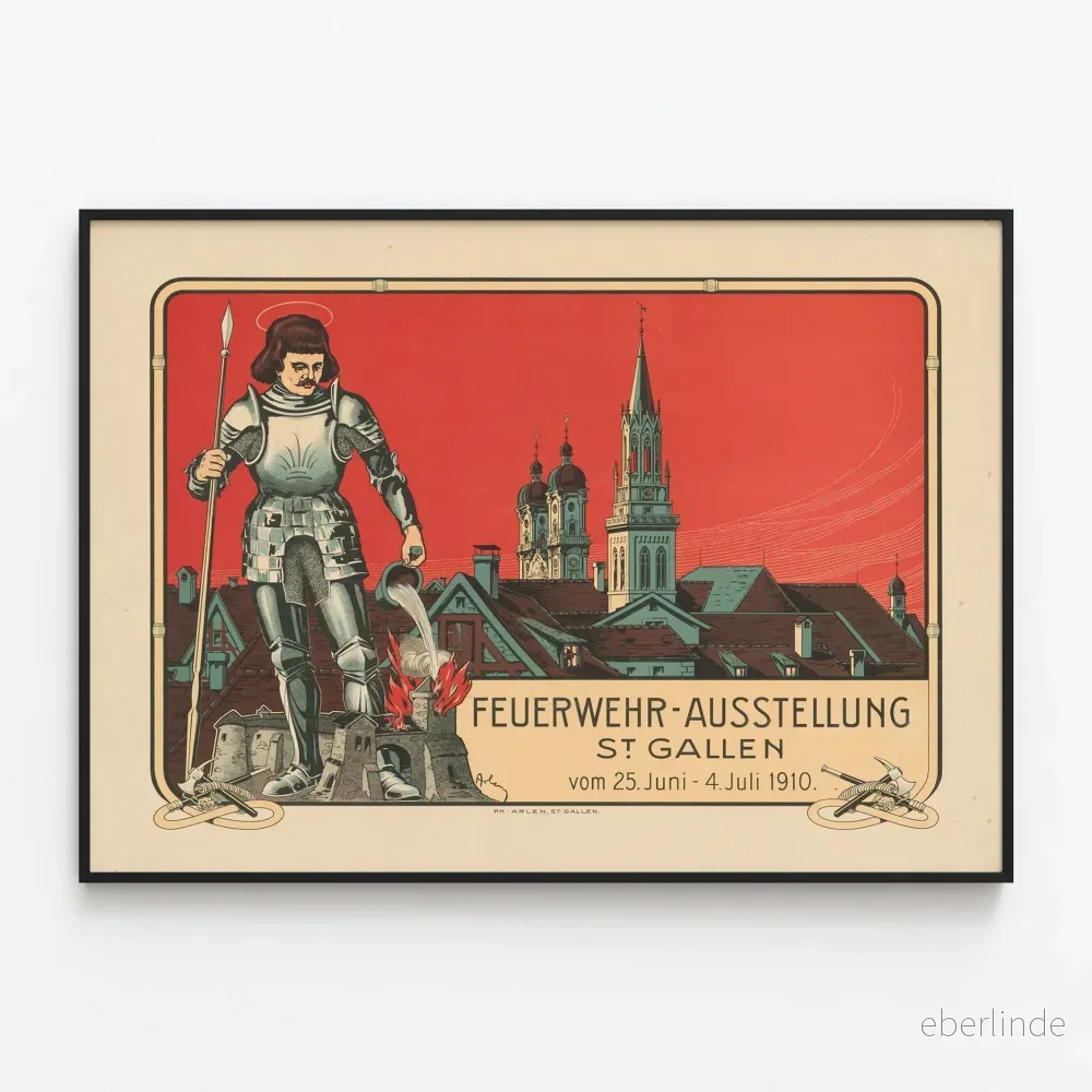 Vintageaffisch för brandmänsutställning i St Gallen 1910 Vintageaffisch för brandmänsutställning i St Gallen 1910