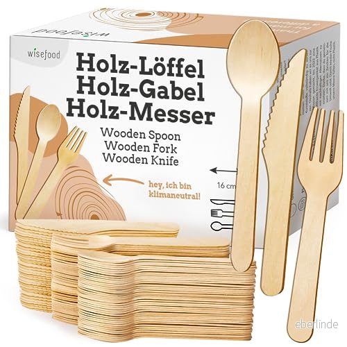 Wisefood Träbestick set, 100 trägafflar, träknivar, träskedar, 300 delars engångsbestick set 16,5 cm, biologiskt nedbrytbart och okrossbart festbestick (1 set) 4262356523633