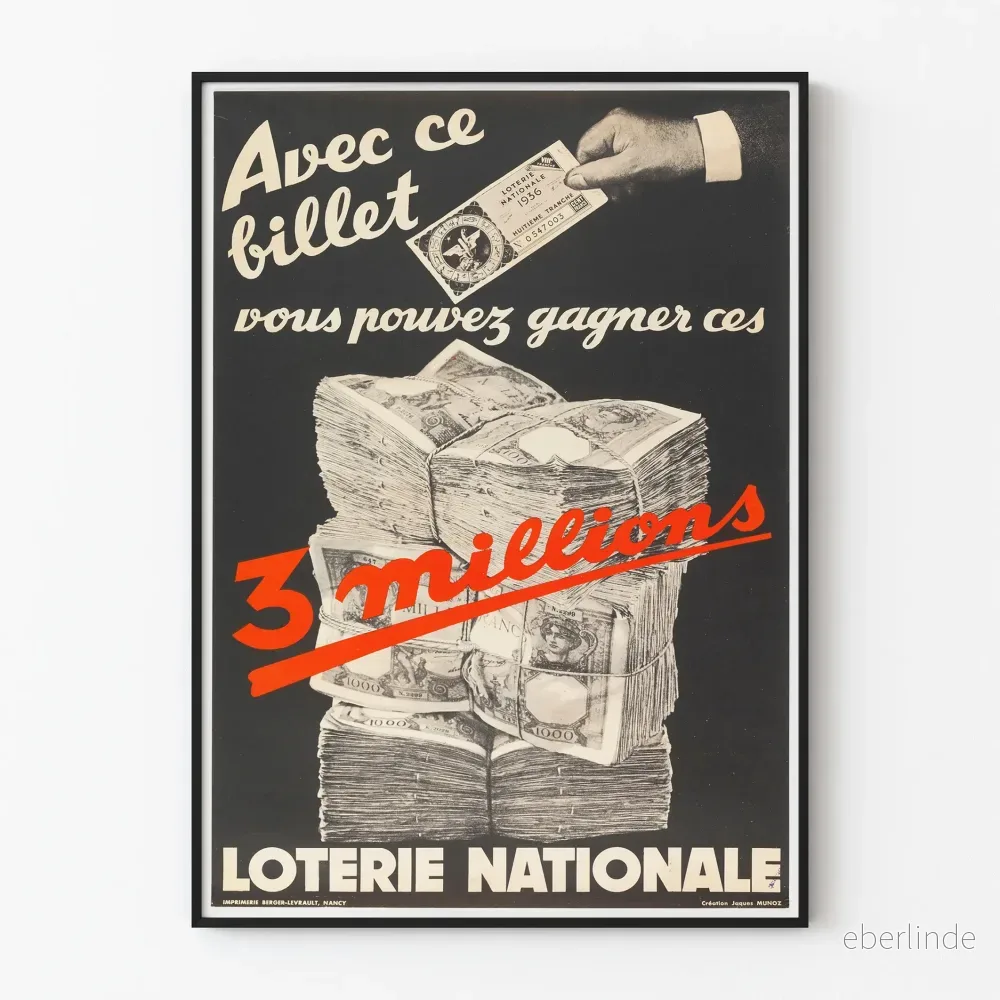 Vintageposter Loterie Nationale - Vinn 3 miljoner