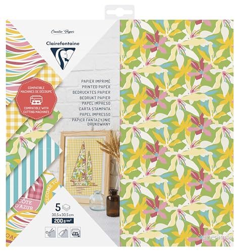 Clairefontaine 95740C set med 5 tryckta pappersark för att skära ut 200 g/m² 30,5 x cm St Tropez/Franska Rivieran/Vichy kreativ fritid kompetenta skärmaskiner 3329680957402