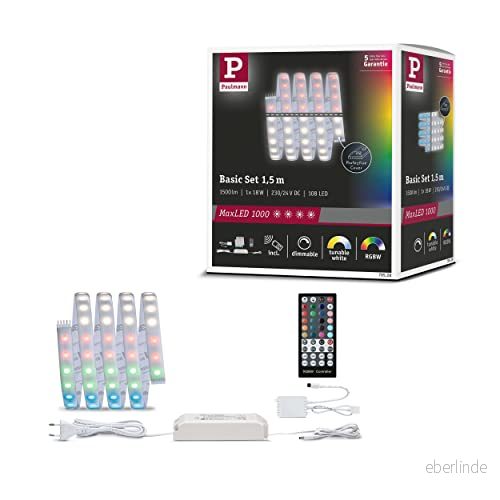 Paulmann 70528 MaxLED 1000 LED Strip RGBW Baspaket IP44 18 W lm/m Dimbar 1,5 m Silver Plast 72 LED/m 25 VA 4000870705285