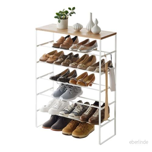 Yamazaki 3369 torn skohylla med 6 nivåer av trä toppbräda, vit, stål/trä, minimalistisk design, 66 x 25 87 cm (LxBxH) 4903208033695