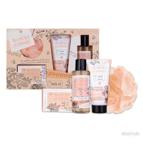 accentra presentset för kvinnor POETRY OF FLOWERS 4 delat badset present med bodylotion, badsalt, duschgel & meshsvamp wellnessset och tjejer födelsedagar speciella tillfällen 4015953687204