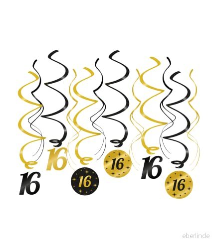 PD Party 16 års takspiraler födelsedagsdekoration jubileumsdekoration dekoration i svart guld för årsfest födelsedagsvirvlar 8716764214714