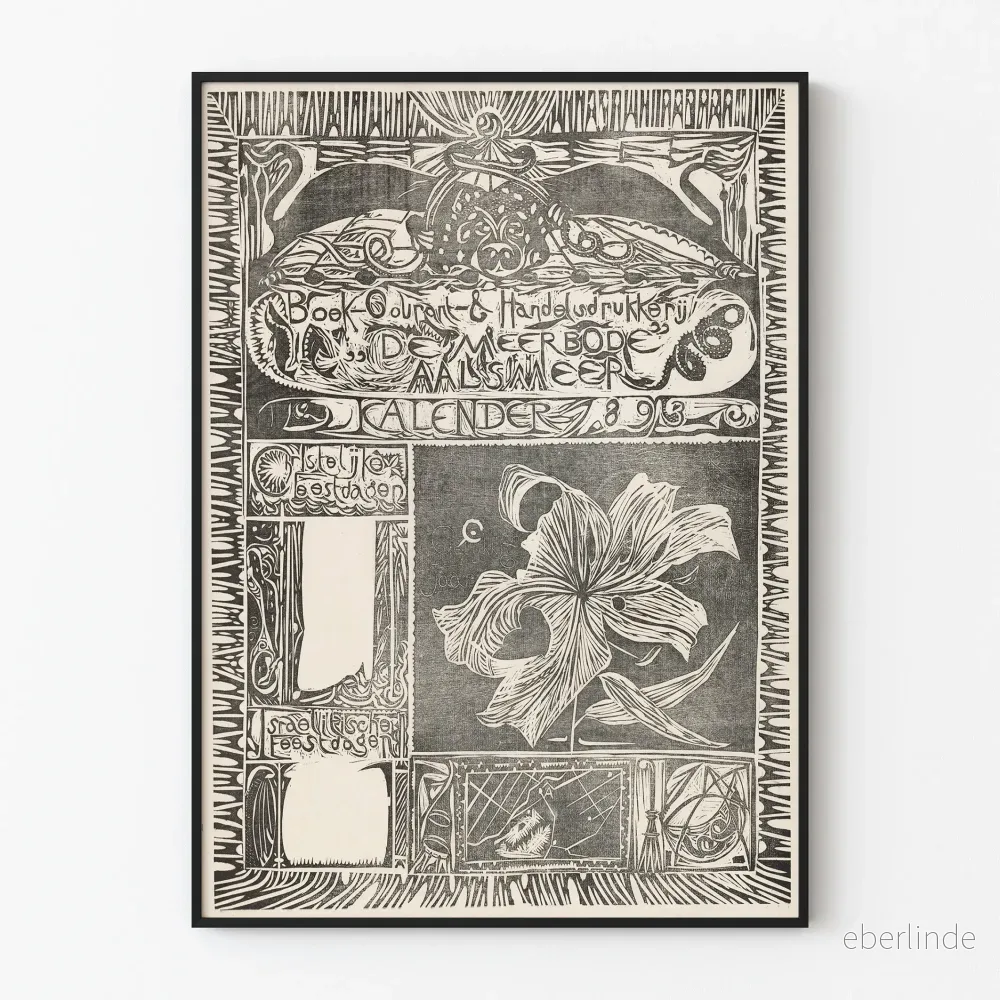 Vintage kalenderposter från 1893 dekorerad med en lilja i gravyr