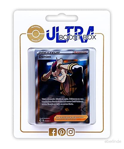 Damien 264/264 Full Art Trainer Myboost X svärd och sköld 8 Fusion Strike set med 10 franska Pokémon kort 3701604934742