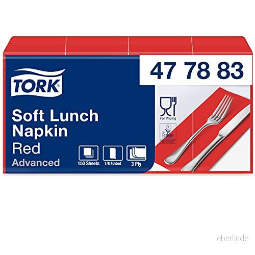 Tork 477883 mjuka lunchservetter röd 1/8 fals/3 lagers, förvikta servetter för små rätter eller mellanmål/avancerad kvalitet/10 x 150 (1 500) pappersservetter/32,6 33 cm (B L) 7322540773828
