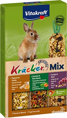Vitakraft Kräcker Mix, snacks för dvärgkaniner, med popcorn och honung, grönsaker rödbetor, druva nöt, utan tillsats av socker spannmål (1 x 160 g) 4008239250872