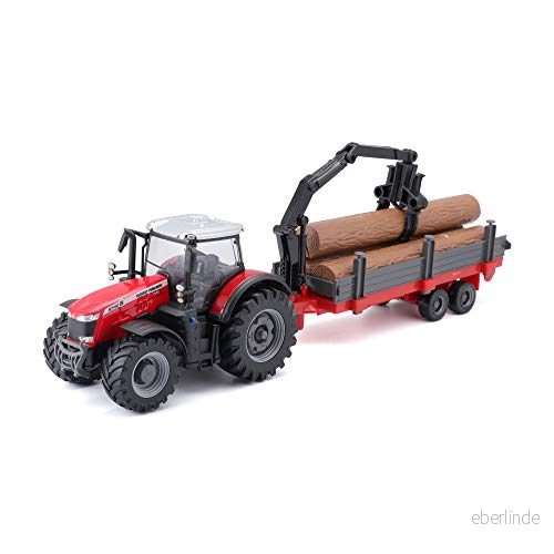 Bburago B18 31659 Massey FERGUSSON 8740S traktor med vedsläp 10 cm, röd 4893993316595