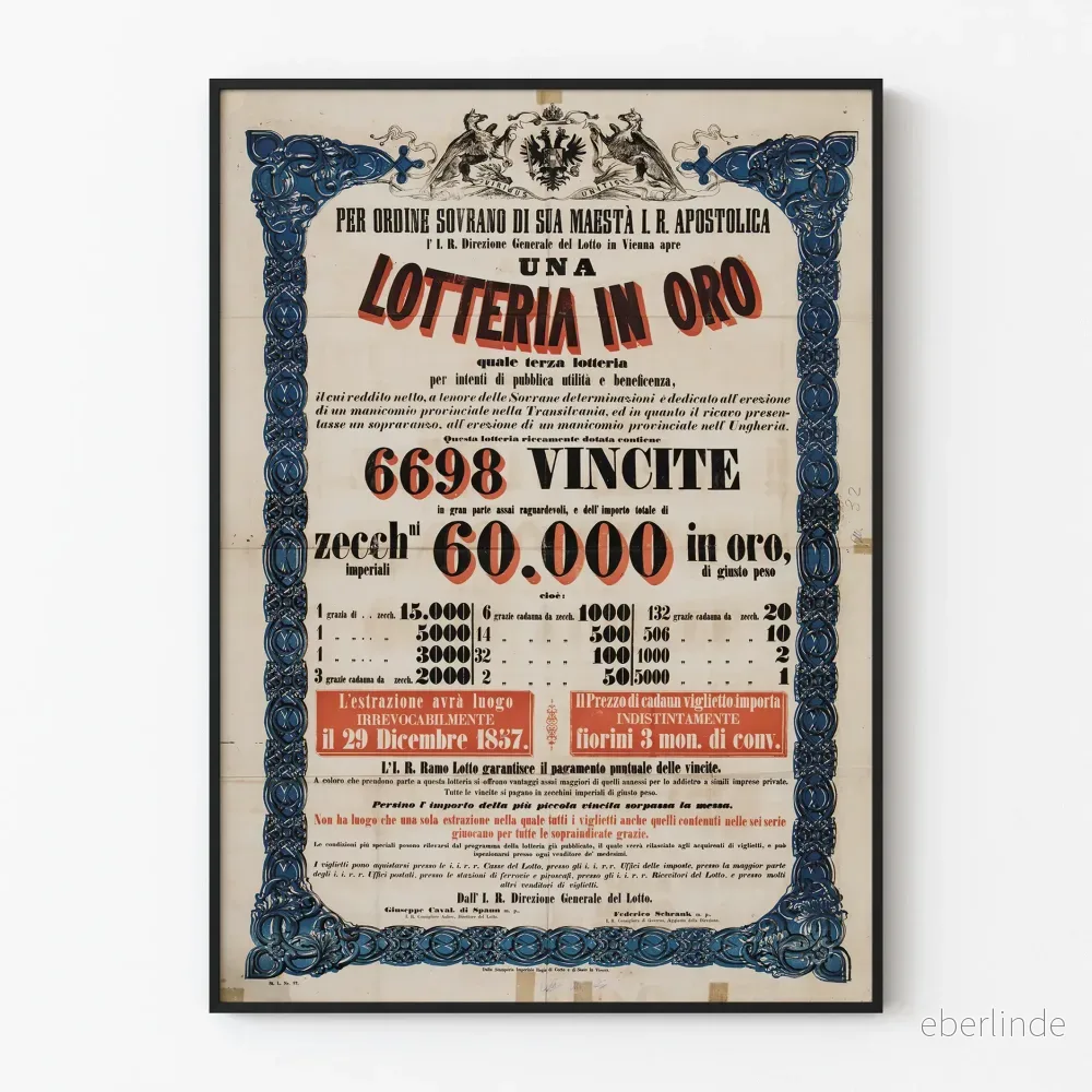 Vintageposter för Gyllene lotteri 1837 för väggdekoration