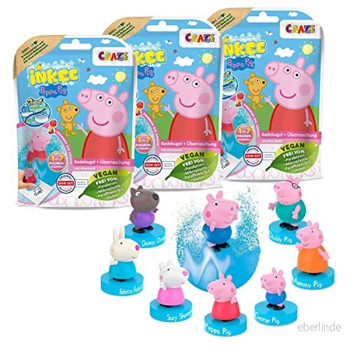 Craze Inkee Surprise Set om 3 Peppa Gris badbollar för barn med överraskning, leksak badkaret, jordgubbsdoft och skumeffekt 4059779046258