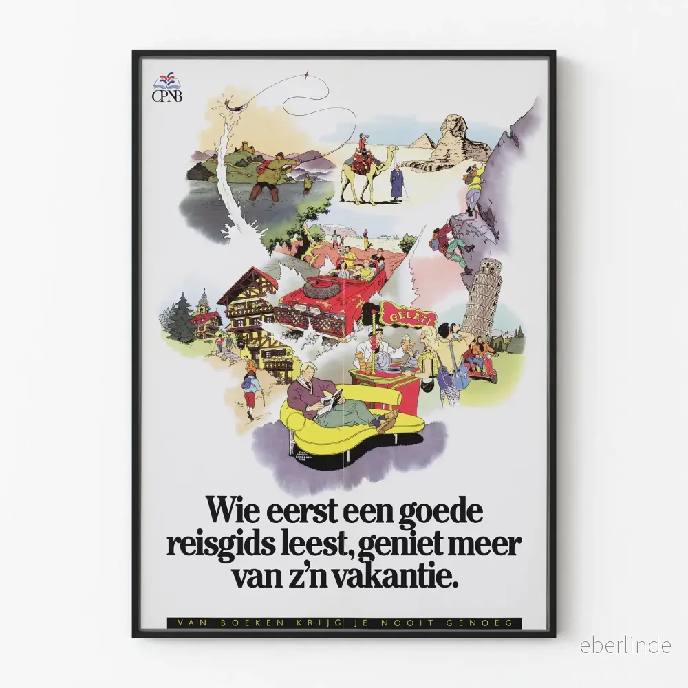 Vintage reseposter med äventyrsscener och guideboksläsning
