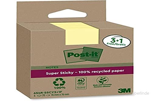 Post it Superklibbiga 100% återvunna anteckningar, paket med 3 + 1 gratis dynor, 70 ark per dyna, 76 mm x mm, kanariegul extra klisterlappar tillverkade av återvunnet papper 4064035060190