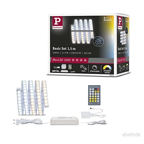Paulmann 70531 MaxLED 1000 LED Strip Tunable White Baspaket IP44 17 W 1020 lm/m Dimbar 1,5 m Silver Plast 108 LED/m 4000870705315